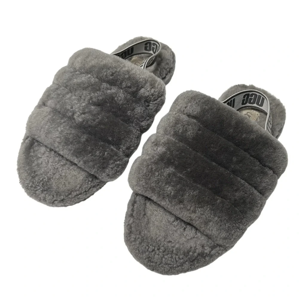 UGG Big Kids Fluff Yeah Gray Slides Slippers Sz 4 EU 36 Cozy Girls Youth Women's